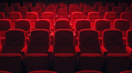 Fototapeta premium Red Theater Chairs in Auditorium with Dim Lighting and Empty Rows