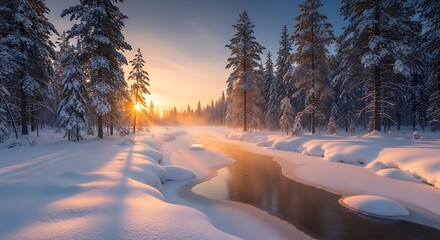 Winter Sunrise with Snowy Forest Stream.