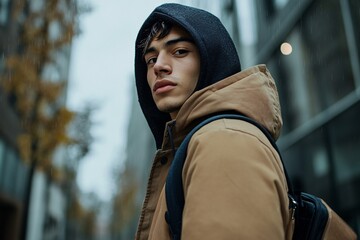 Young man in hoodie posing outdoors with buildings and trees in background.