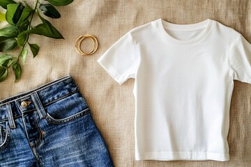 White t-shirt and blue jeans on a neutral background with green leaves.