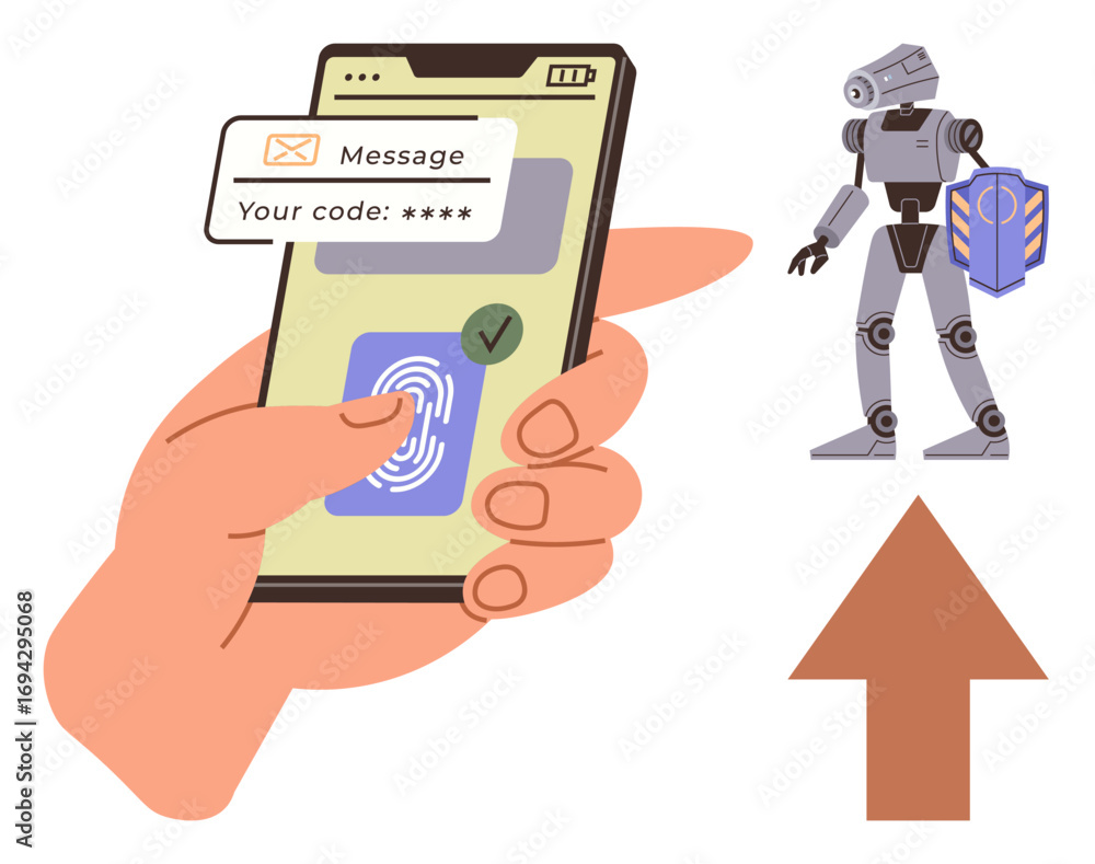 Poster smartphone with fingerprint scan and security code message, alongside a robot holding a shield and a