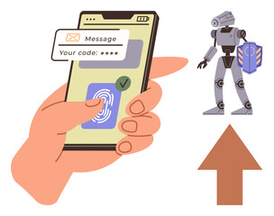 Smartphone with fingerprint scan and security code message, alongside a robot holding a shield and an upward arrow. Ideal for cybersecurity, technology, AI, safety, verification, innovation, progress