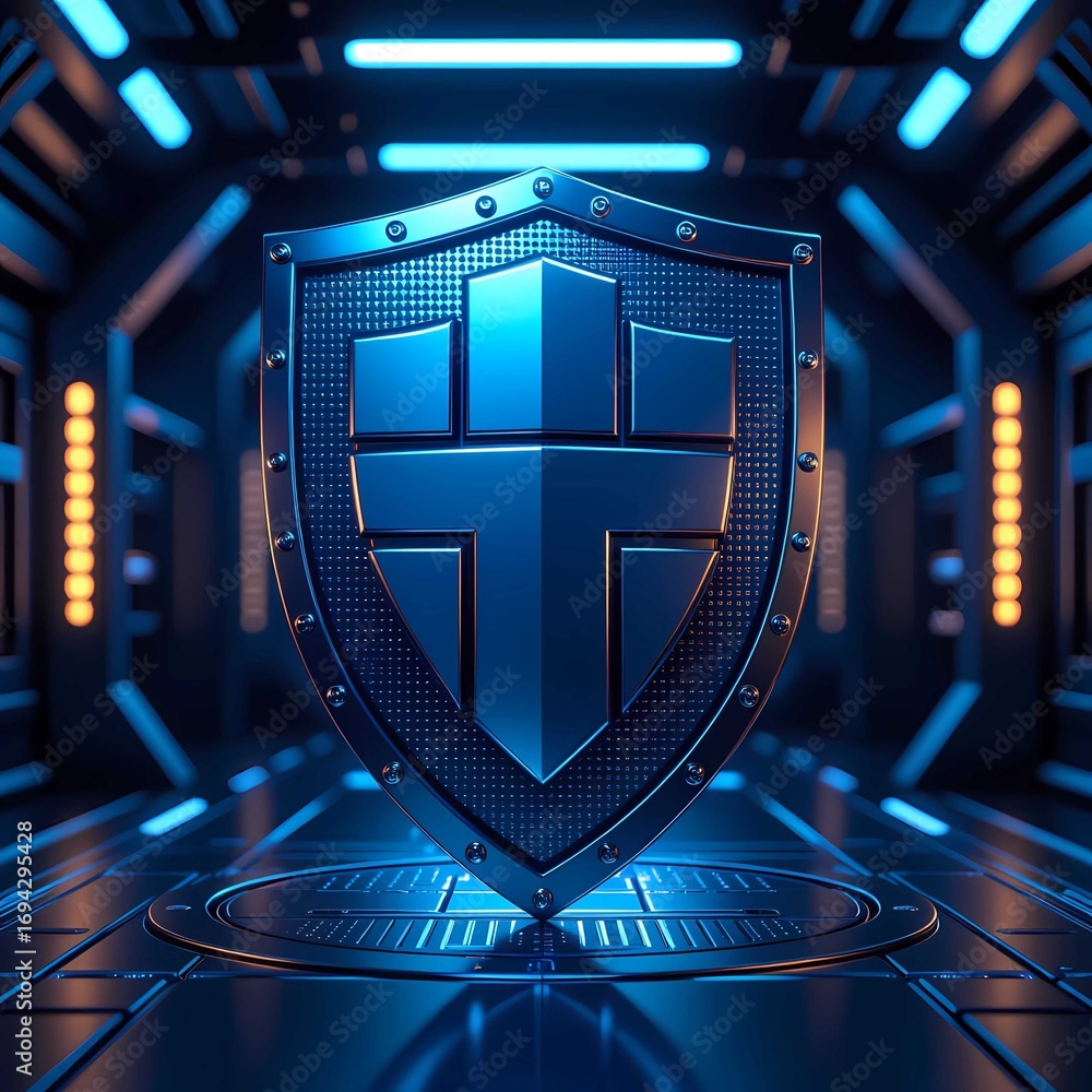 Poster futuristic shield vault with strong binary network protection, abstract geometric symbol illustratio