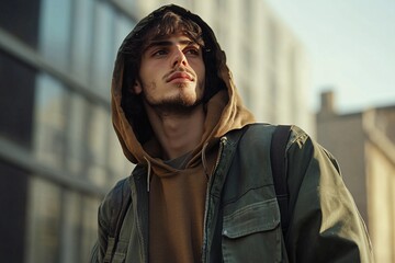 Young man wearing a hoodie and jacket stands outside a building.