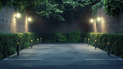 Nighttime brick wall parking lot, lush greenery, empty spaces