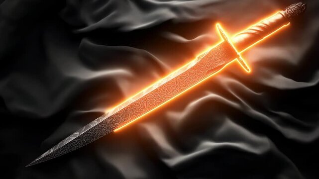 An intricately designed sword features ornate patterns and a glowing element, showcased on a dark fabric surface