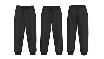 Display of black sweatpants in various angles against a white background