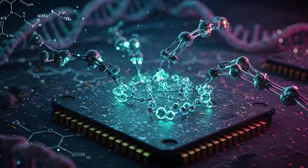 Futuristic technology showing dna molecule on microchip representing genetic engineering research