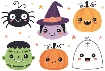 Cute Halloween Cartoon Characters Vector Featuring Witch Spider Pumpkin and Ghost