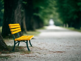 Yellow bench in park: a scenic view of a peaceful walkway with trees and a bench