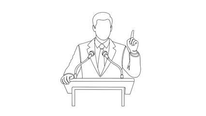 Speaker giving speech at podium with microphone line art vector illustration for presentation design 100