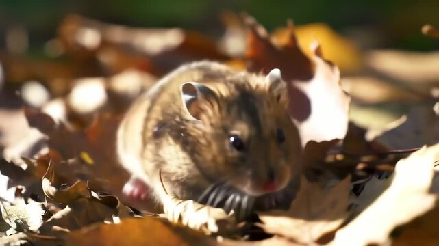 A golden hamster crawls through fallen autumn leaves, bathed in warm sunlight, its eyes looking directly at the viewer.