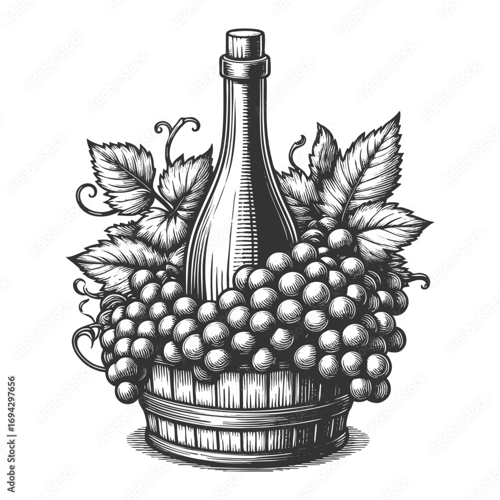 Poster wine bottle placed in a basket filled with grape clusters and vine leaves in rustic style sketch eng