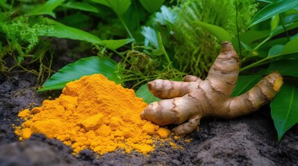 Turmeric powder and root on soil