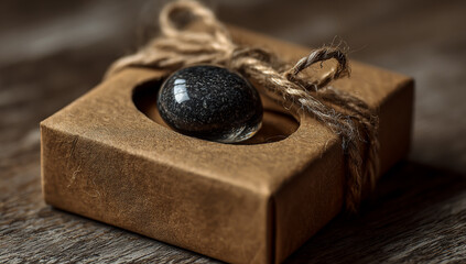 Unique geometric sphere resting in a rustic wooden holder with natural embellishments