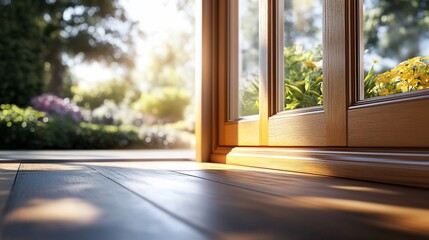Open door, sunlit garden view, hardwood floor, home interior, real estate