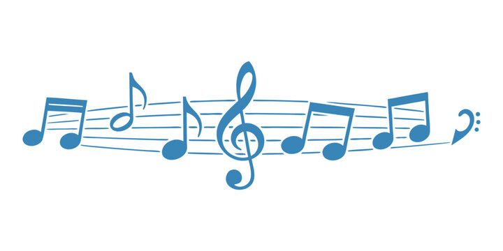 Blue clef music notes key musical border illustration divider clipart, vector stock illustration.