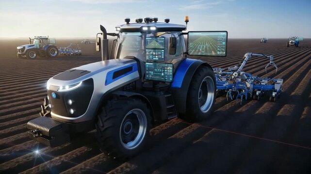Autonomous smart tractor with AI, futuristic farming technology, precision planting, digital dashboard, automated agriculture machinery, preparing soil, modern fieldwork, innovative agriculture