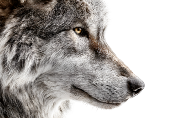 Side portrait of gray wolf with piercing eyes and thick fur isolated on transparent background