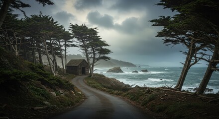 Winding Road to Coastal Cabin, Stormy Sea