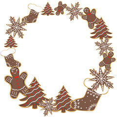 Festive hand drawn gingerbread cookie frame with Christmas tree, snowflake, stocking, and gingerbread man. Perfect holiday border or greeting card design.

