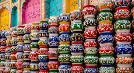 Fototapeta premium Vibrant Hand-Painted Pottery Stack Against a Colorful Rajasthani Wall