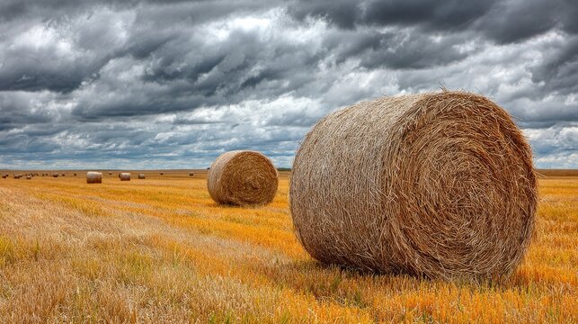 Hay bales in a golden field under a stormy sky (1)