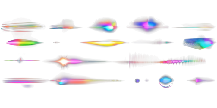 Collection of Abstract Colorful Light Streaks and Lens Flares on Black rainbow isolated on a transparent background