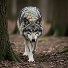 Obraz premium A gray wolf, with a striking pattern of dark and light shades, strolls through a forest in a focused and watchful manner.