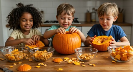 Smiling Children Carving Pumpkins