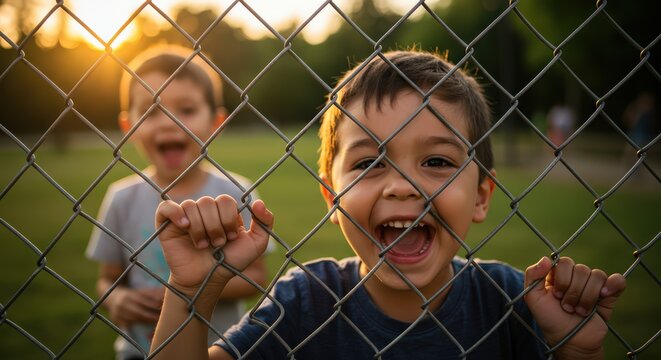 Happy Boys Behind Chain Link Fence