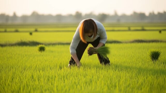 Rice Planting: Woman Planting Seedlings in Lush Green Paddy Field at Sunrise