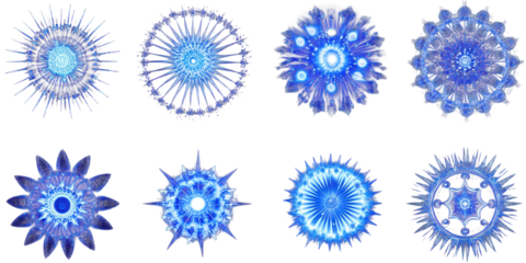 Collection of Eight Blue Abstract Geometric Light Patterns graphic design isolated on a transparent background