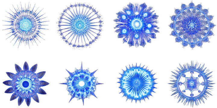Collection of Eight Blue Abstract Geometric Light Patterns graphic design isolated on a transparent background