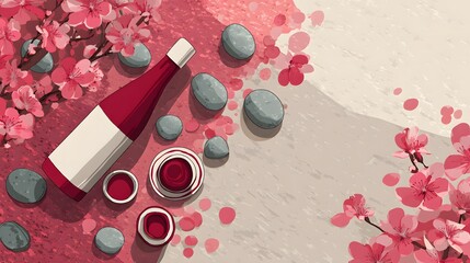Flat illustration of World Sake Day celebration, traditional sake bottle and cups arranged with cherry blossoms, minimalist bohemian background, top-down view angle 