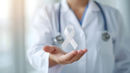 Female doctor in white uniform with white pearl ribbon awareness in hand for Dating Violence,Emphysema,Lung Cancer awareness ,Lung Disease,Mesothelioma,Multiple Sclerosis,Retinoblastoma Cancer (eye)