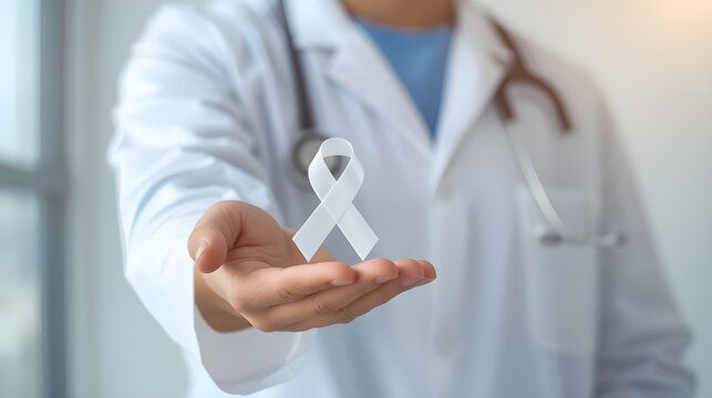 Female doctor in white uniform with white pearl ribbon awareness in hand for Dating Violence,Emphysema,Lung Cancer awareness ,Lung Disease,Mesothelioma,Multiple Sclerosis,Retinoblastoma Cancer (eye)