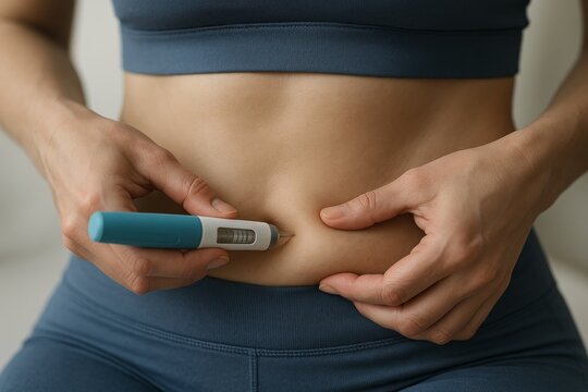 A slim woman self-injects a GLP-1 medication using injector pen on her belly. Semaglutide treatment, faceless shot