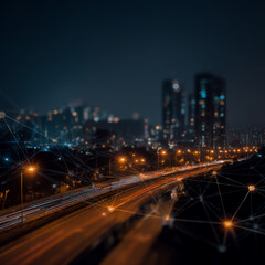 Fototapeta premium Blurry night highway with glowing city lights and tall buildings in the background