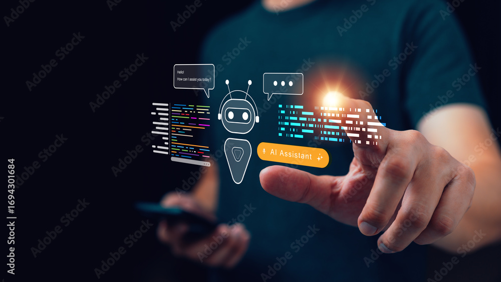 Poster futuristic ai assistant concept with holographic chatbot interface. digital innovation supports comm