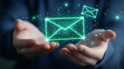 Glowing green email icon floating above open hands, symbolizing secure digital communication and network connection with futuristic technology feel