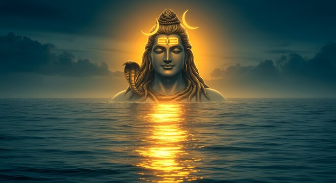 Lord Shiva appears across the sea, made by Ai