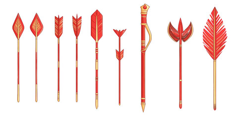 Collection of Red and Gold Decorative Arrows and Spearheads weapon ancient isolated on a transparent background
