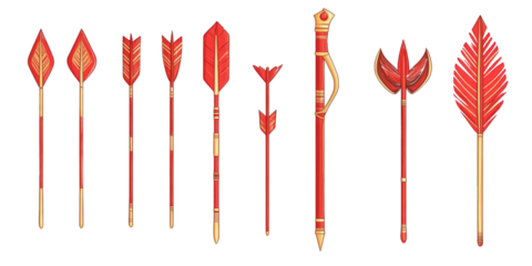 Collection of Red and Gold Decorative Arrows and Spearheads weapon ancient isolated on a transparent background