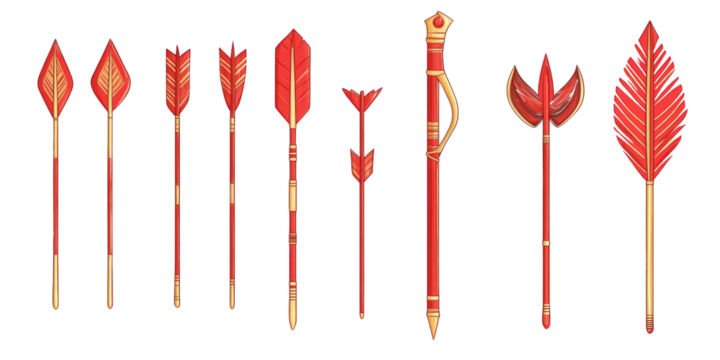 Collection of Red and Gold Decorative Arrows and Spearheads weapon ancient isolated on a transparent background