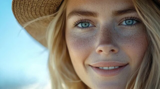 A close-up shot of a woman with a hat on, no context given