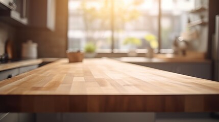 Wooden kitchen counter with blurred background