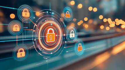 Fototapeta premium Secure network concept with glowing lock icons connected by digital lines, representing data protection and cybersecurity in futuristic environment with warm bokeh lights