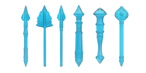 Collection of Six Translucent Blue Ancient Weapons spears maces isolated on a transparent background