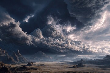 Dark dramatic clouds with lightning over a barren alien planet landscape. Severe weather concept. Natural phenomena.